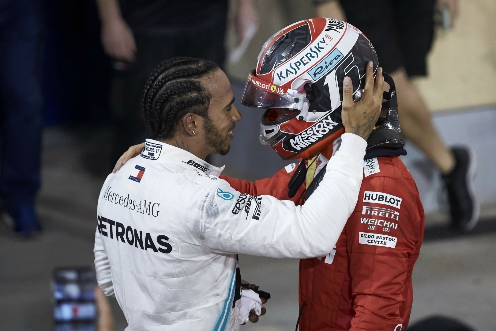 Lewis Hamilton consoles Charles Leclerc