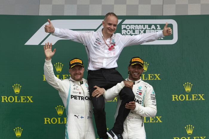 2019 British Grand Prix, Sunday - Valtteri Bottas and Lewis Hamilton with Chief Designer John Owen (image courtesy Mercedes-AMG Petronas)