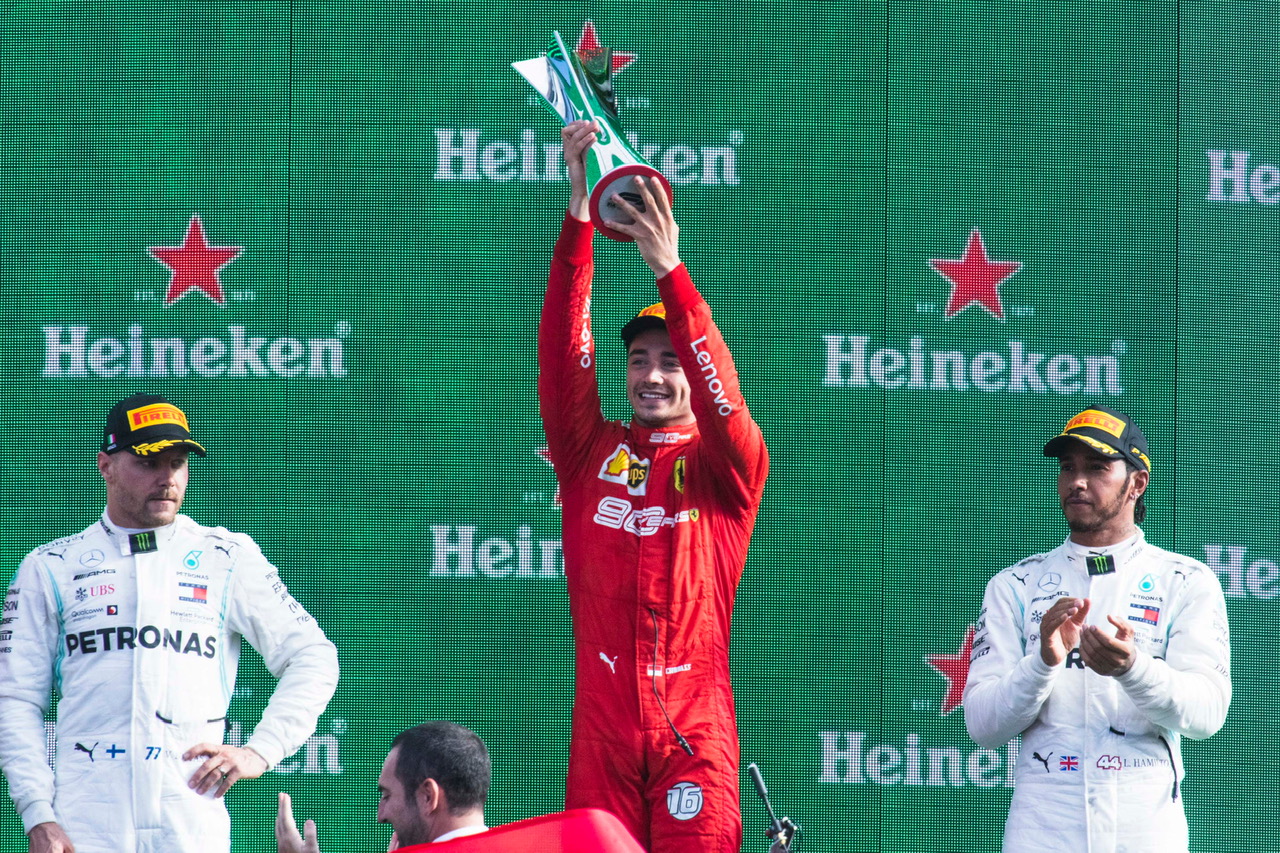f1chronicle-2019 Italian Grand Prix, Sunday - Charles Leclerc on the podium (image courtesy Ferrari Press Office)