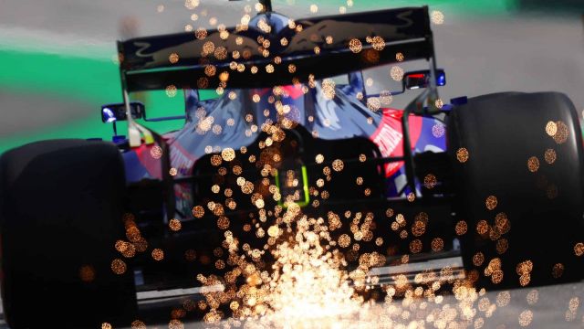 SAO PAULO, BRAZIL - NOVEMBER 17: Sparks fly behind Pierre Gasly of France driving the (10) Scuderia Toro Rosso STR14 Honda on track during the F1 Grand Prix of Brazil at Autodromo Jose Carlos Pace on November 17, 2019 in Sao Paulo, Brazil. (Photo by Dan Istitene/Getty Images)