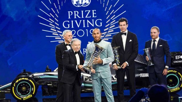 2019 FIA Prize Giving Gala: Toto Wolff, Lewis Hamilton and Valtteri Bottas receive their 2019 trophies (image courtest Mercedes-AMG Petronas)