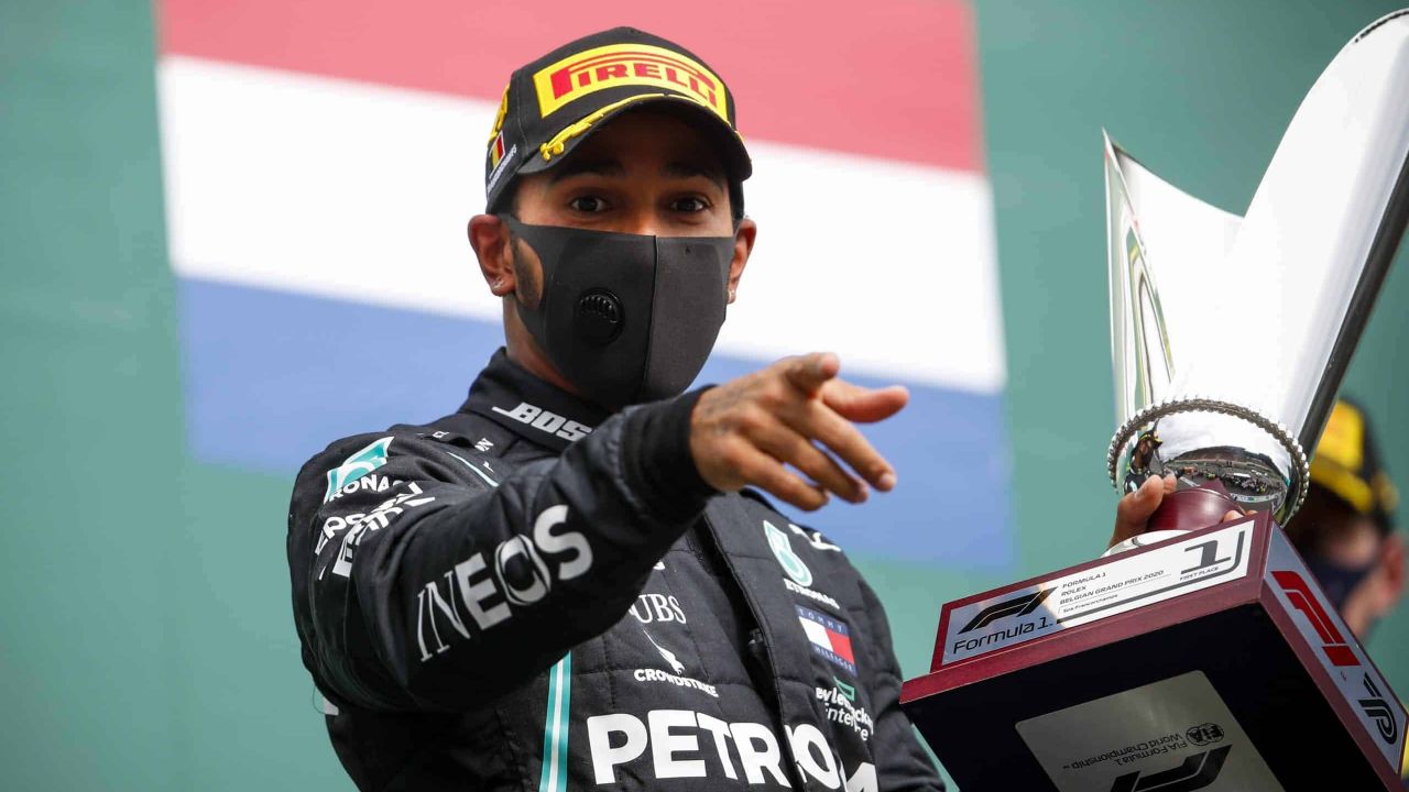 SPA-FRANCORCHAMPS, BELGIUM - AUGUST 30: Race Winner Lewis Hamilton, Mercedes-AMG Petronas F1 celebrates on the podium with the trophy during the Belgian GP at Spa-Francorchamps on Sunday August 30, 2020 in Spa, Belgium. (Photo by Zak Mauger / LAT Images)