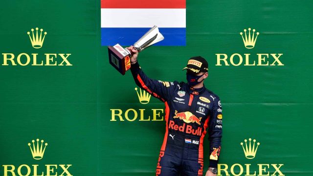 SPA, BELGIUM - AUGUST 30: Third placed Max Verstappen of Netherlands and Red Bull Racing celebrates on the podium during the F1 Grand Prix of Belgium at Circuit de Spa-Francorchamps on August 30, 2020 in Spa, Belgium. (Photo by John Thuys/Pool via Getty Images) // Getty Images / Red Bull Content Pool  // SI202008300282 // Usage for editorial use only //