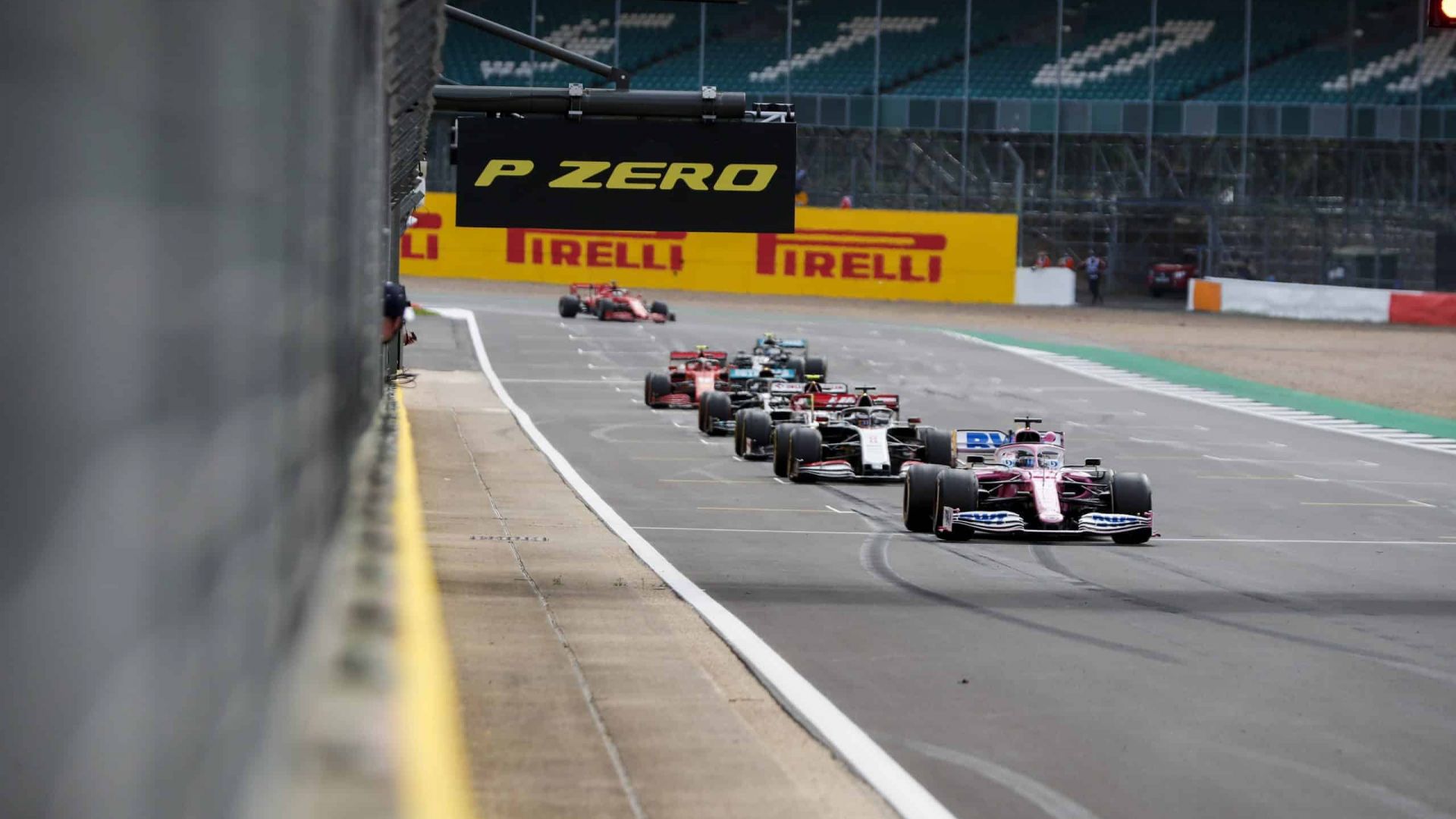 SILVERSTONE, UNITED KINGDOM - JULY 31: Nico Hulkenberg, Racing Point RP20, Romain Grosjean, Haas VF-20, and others practice their start procedures during the British GP at Silverstone on Friday July 31, 2020 in Northamptonshire, United Kingdom. (Photo by Steven Tee / LAT Images)