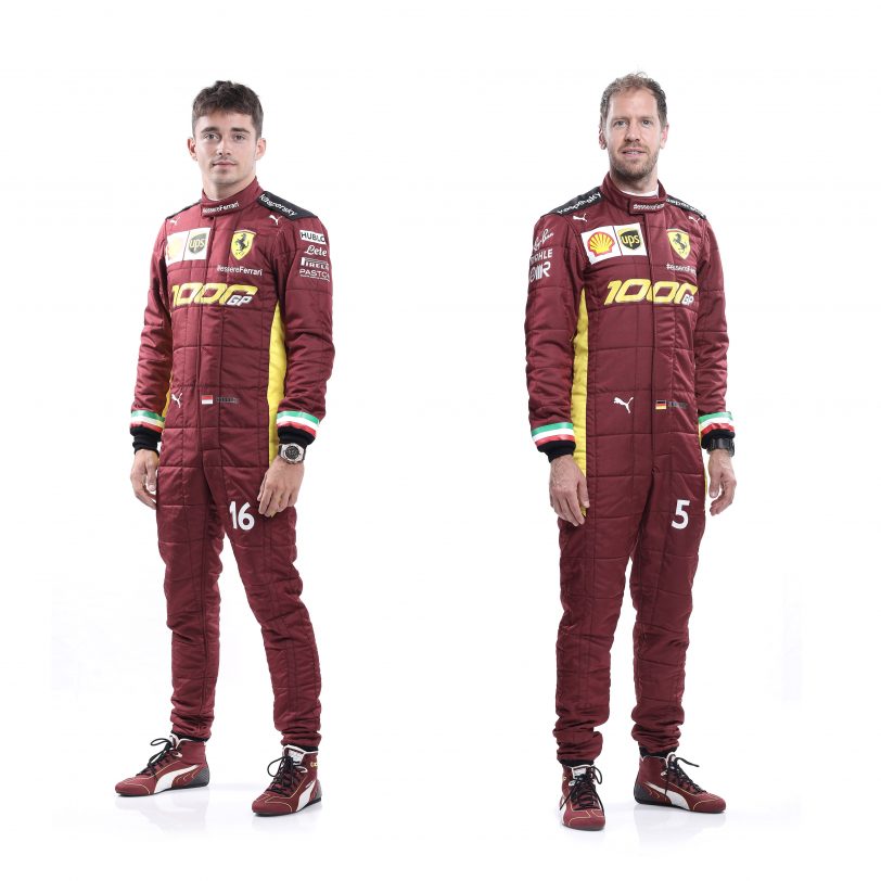 Charles Leclerc and Sebastian Vettel will have special overalls for Ferrari's 1000th Grand Prix (image courtesy Ferrari Press Office)