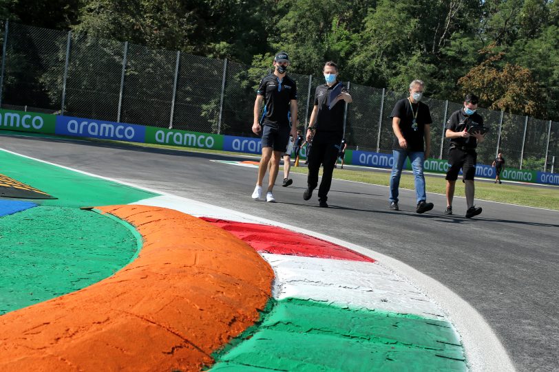 Williams driver Nicholas Latifi walks the Monza track ahead of the 2020 Italian Grand Prix