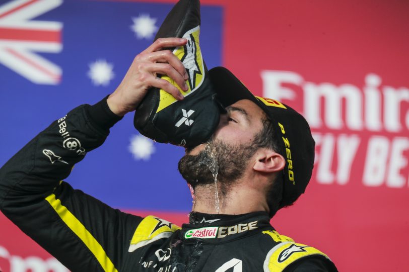 2020 Emilia Romagna Grand Prix, Sunday - Daniel Ricciardo, Renault F1 celebrates on the podium with a shoey (image courtsy renault F1 Team)