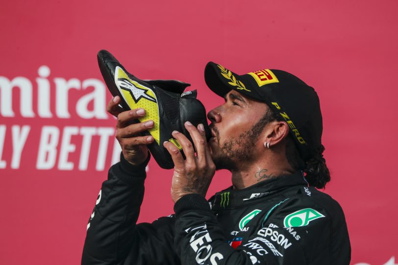 2020 Emilia Romagna Grand Prix, Sunday - Race Winner Lewis Hamilton, Mercedes-AMG Petronas F1 celebrates on the podium with a shoey (image courtesy Renault F1 Team)