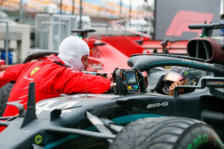 2020 Turkish Grand Prix, Sunday - Sebastian Vettel and Lewis Hamilton (image courtesy Ferrari Press Office)