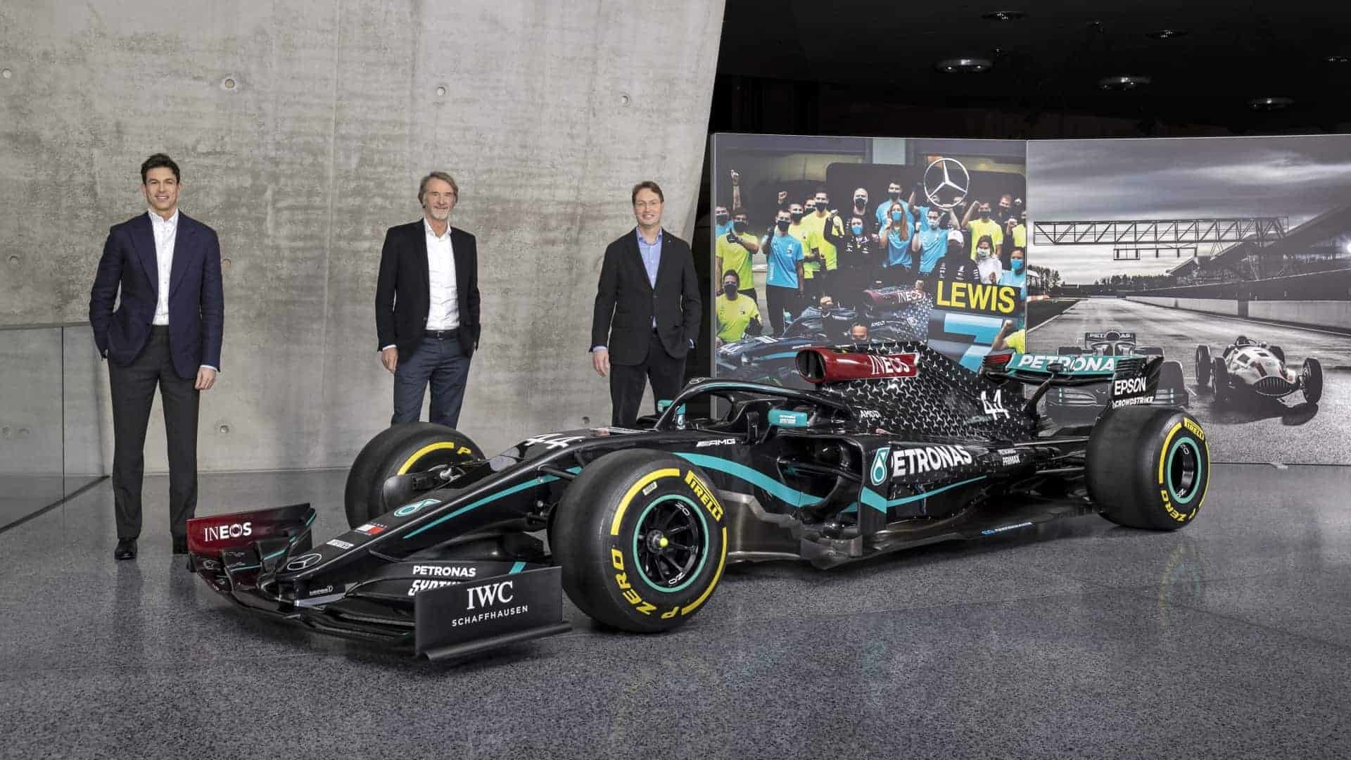 Toto Wolff, Sir Jim Ratcliffe and Ola Källenius with the Mercedes-AMG F1 W11 EQ Performance