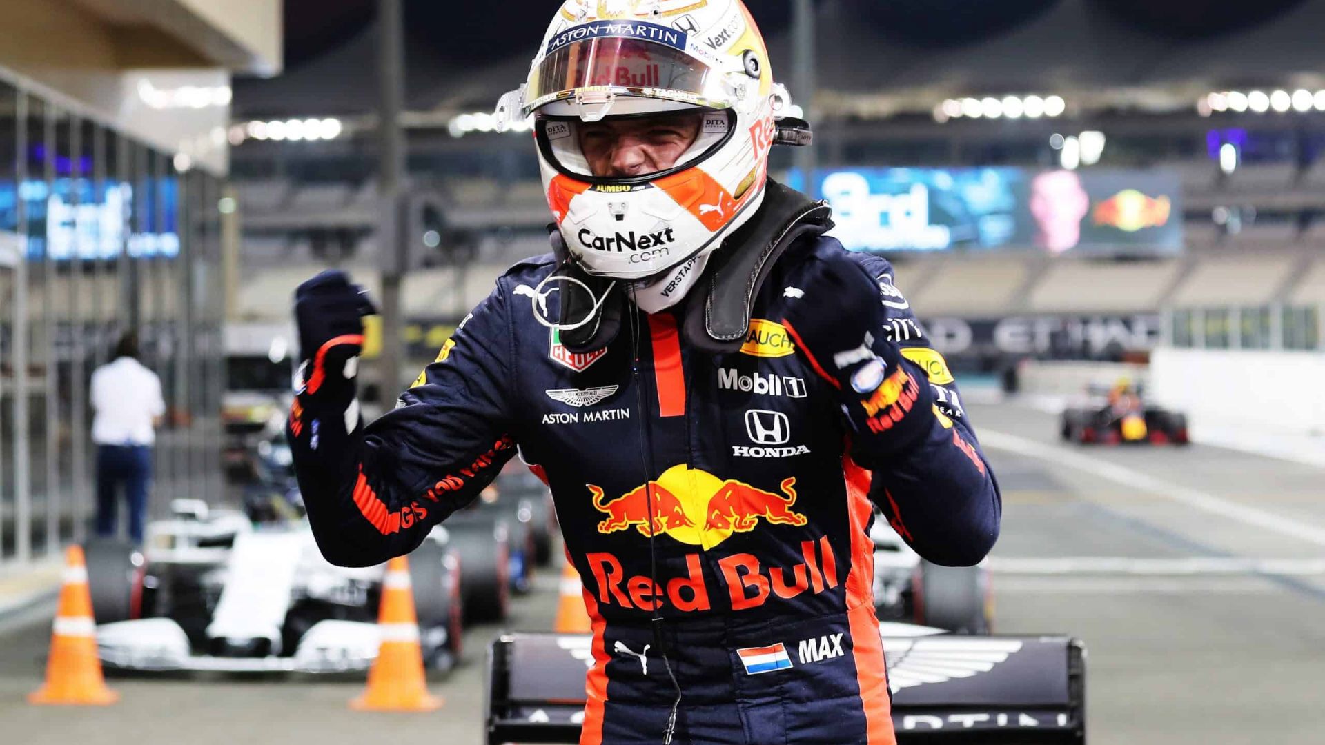 2020 Abu Dhabi Grand Prix, Saturday - Max Verstappen with his HANS device still on (image courtesy Red Bull Racing)