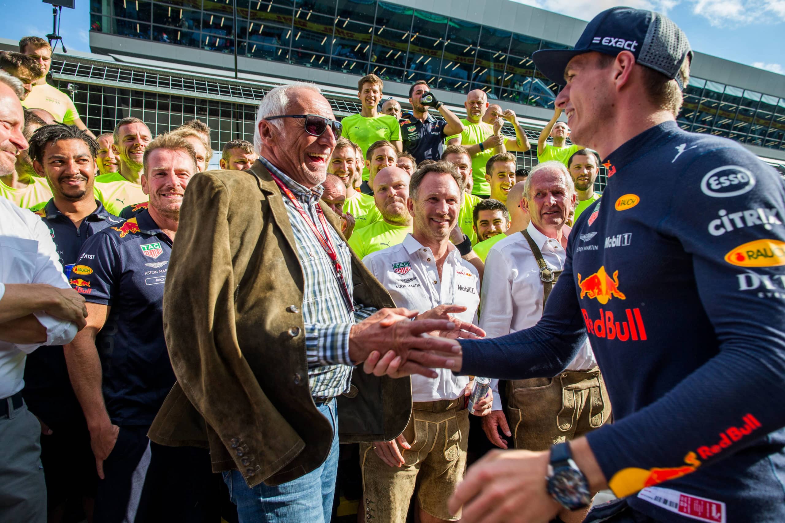 SPIELBERG, AUSTRIA - JULY 01: Max Verstappen of Red Bull Racing and The Netherlands with Dietrich Mateschitz of Red Bull Racing and Austria during the Formula One Grand Prix of Austria at Red Bull Ring on July 1, 2018 in Spielberg, Austria. (Photo by Peter Fox/Getty Images) // Getty Images / Red Bull Content Pool // SI201807011320 // Usage for editorial use only //
