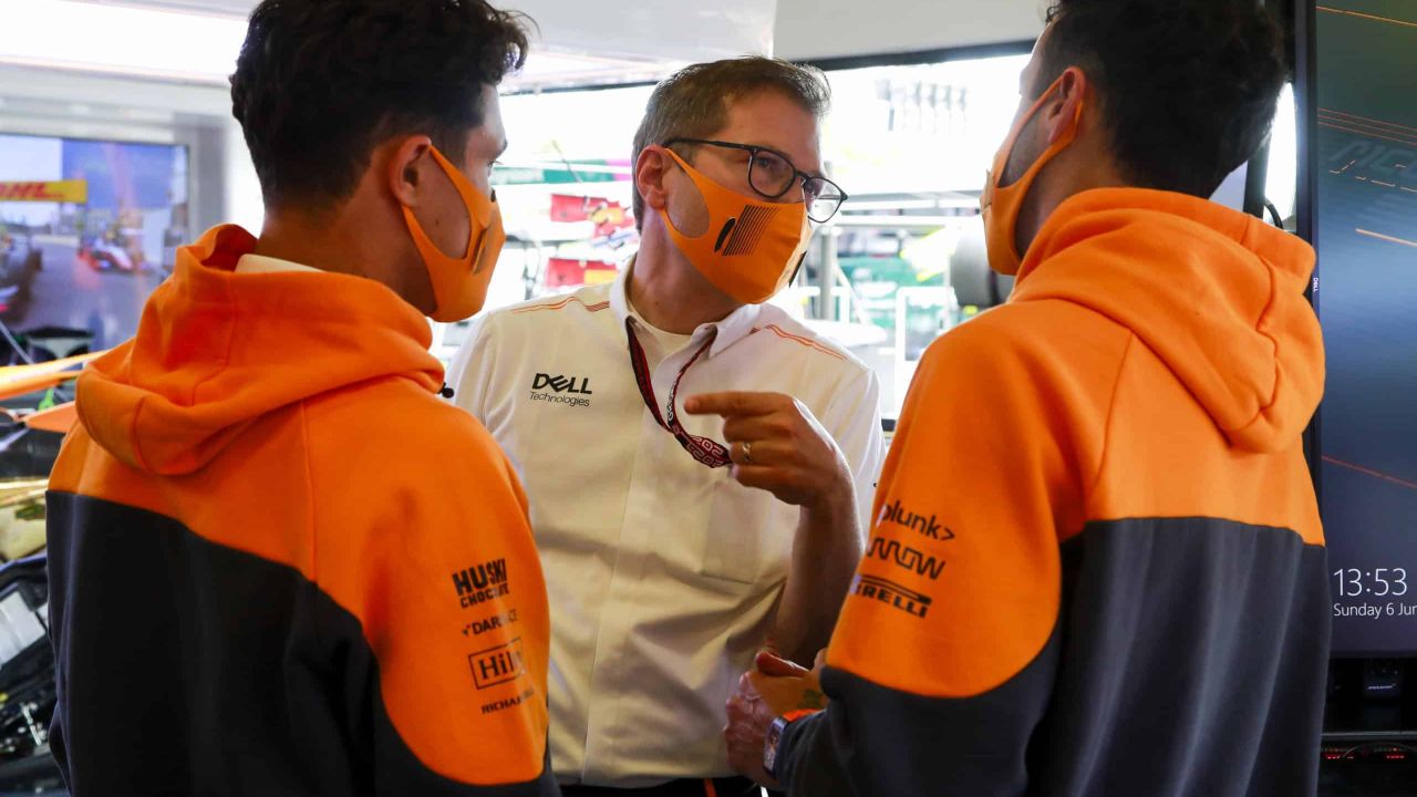 Andreas Seidl, Lando Norris, and Daniel Ricciardo in the garage (image courtesy McLaren)