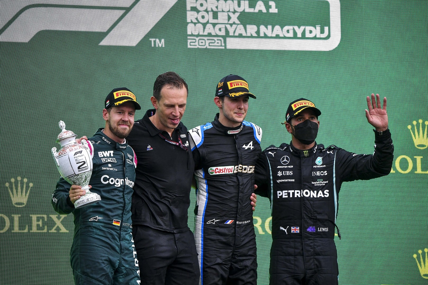 2021 Hungarian Grand Prix, Sunday - Sebastian Vettel, Esteban Ocon, and Lewis Hamilton on the podium (image courtesy Mercedes-AMG Petronas)