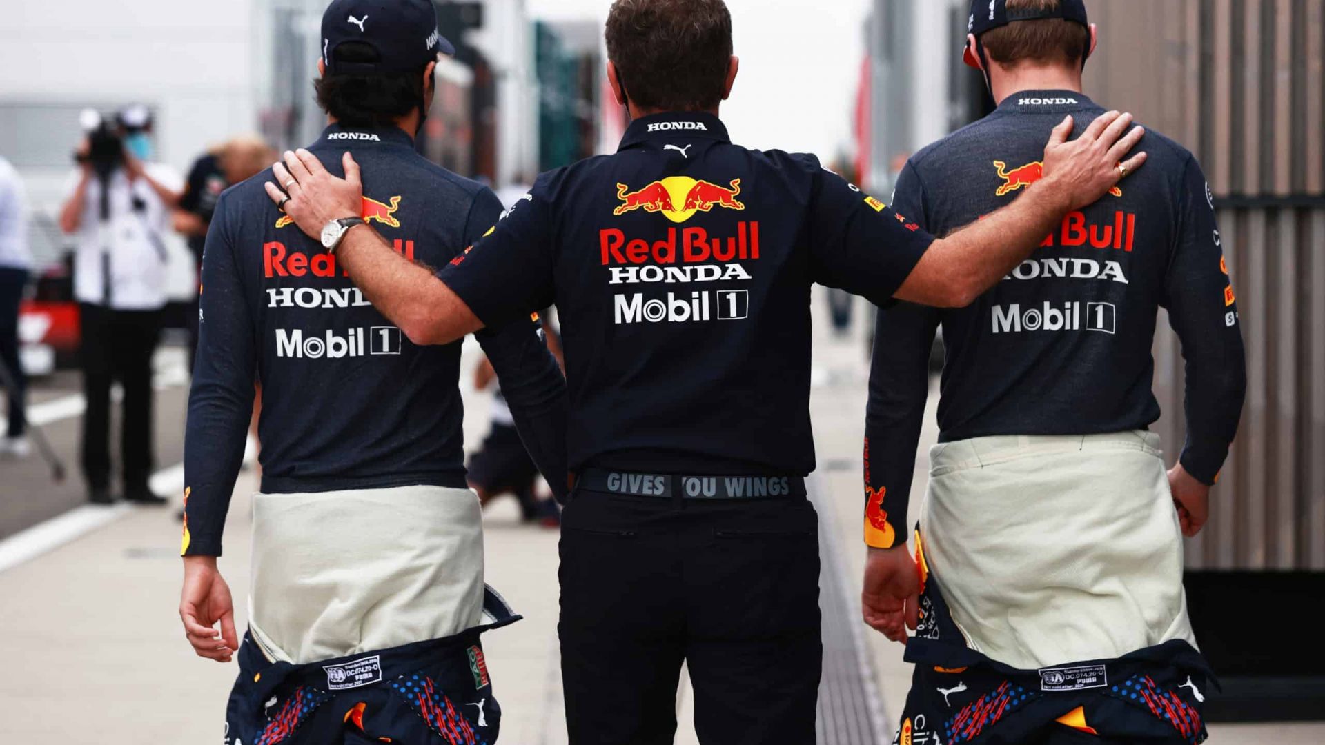 2021 Hungarian Grand Prix, Sunday – Sergio Perez, Christian Horner, and Max Verstappen (image courtesy Red Bull Racing)