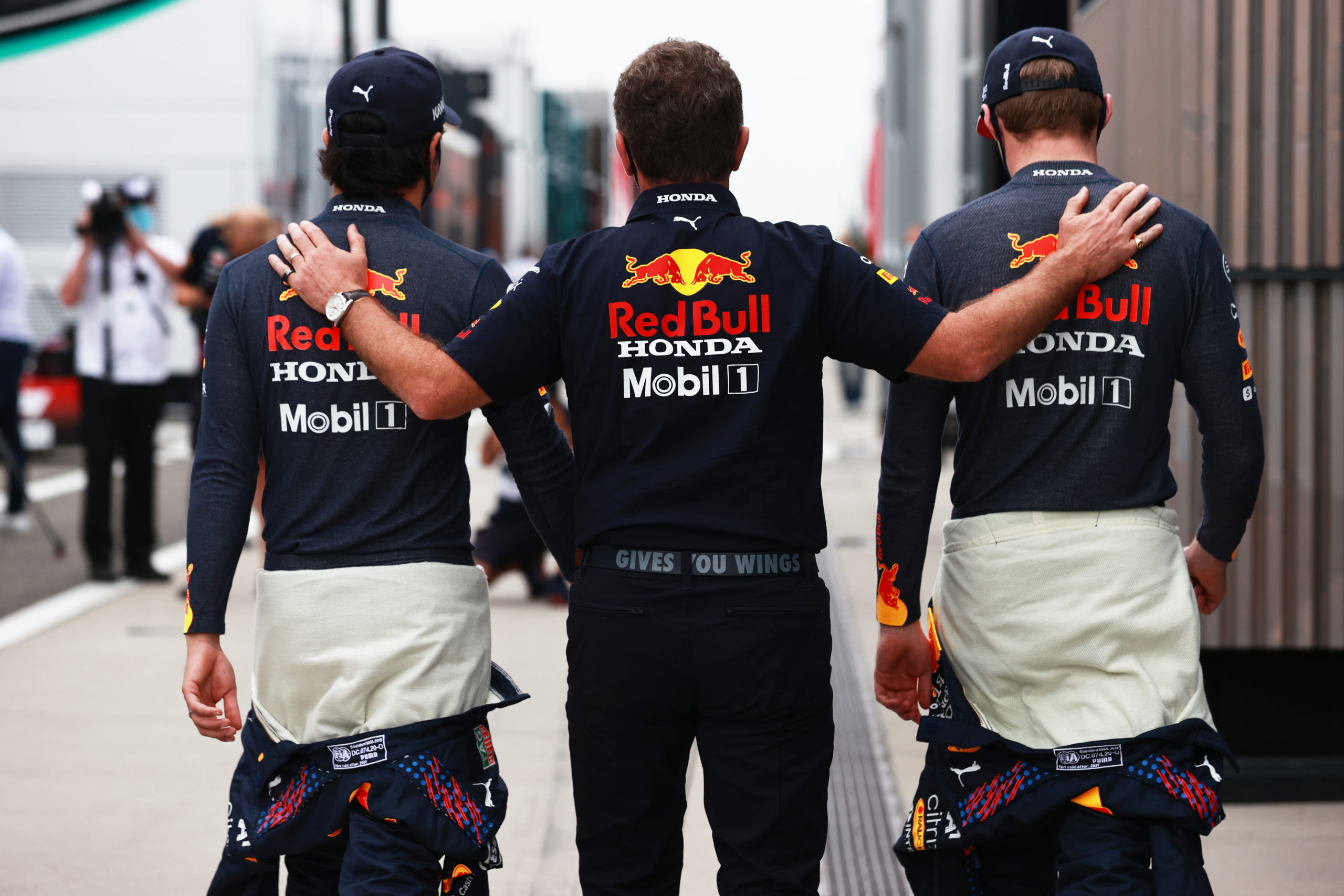 2021 Hungarian Grand Prix, Sunday – Sergio Perez, Christian Horner, and Max Verstappen (image courtesy Red Bull Racing)