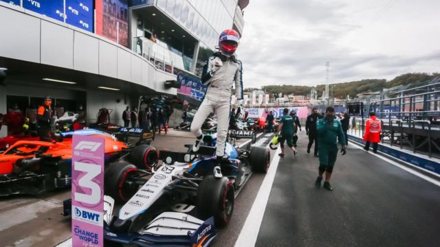 George Russell (GBR) Williams Racing FW43B celebrates his third position in qualifying parc ferme. Motor Racing Formula One World Championship Russian Grand Prix Qualifying Day Sochi, Russia