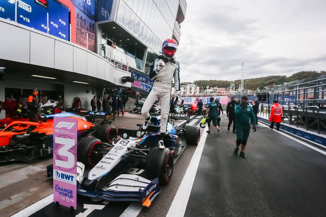 George Russell (GBR) Williams Racing FW43B celebrates his third position in qualifying parc ferme. Motor Racing Formula One World Championship Russian Grand Prix Qualifying Day Sochi, Russia