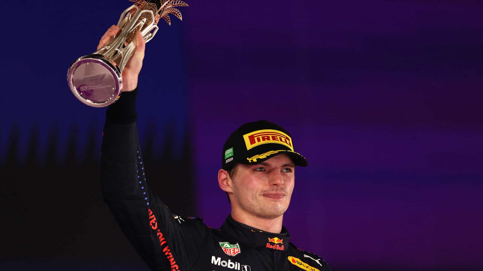 JEDDAH, SAUDI ARABIA - DECEMBER 05: Second placed Max Verstappen of Netherlands and Red Bull Racing celebrates on the podium during the F1 Grand Prix of Saudi Arabia at Jeddah Corniche Circuit on December 05, 2021 in Jeddah, Saudi Arabia. (Photo by Lars Baron/Getty Images) // Getty Images / Red Bull Content Pool // SI202112050278 // Usage for editorial use only //