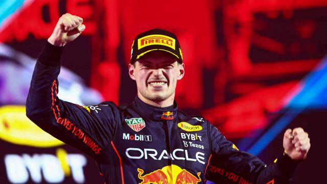 JEDDAH, SAUDI ARABIA - MARCH 27: Race winner Max Verstappen of the Netherlands and Oracle Red Bull Racing celebrates on the podium during the F1 Grand Prix of Saudi Arabia at the Jeddah Corniche Circuit on March 27, 2022 in Jeddah, Saudi Arabia. (Photo by Mark Thompson/Getty Images) *** BESTPIX *** // Getty Images / Red Bull Content Pool // SI202203270589 // Usage for editorial use only //