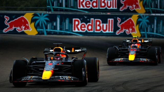 MIAMI, FLORIDA - MAY 07: Max Verstappen of the Netherlands driving the (1) Oracle Red Bull Racing RB18 leads Sergio Perez of Mexico driving the (11) Oracle Red Bull Racing RB18 on track during final practice ahead of the F1 Grand Prix of Miami at the Miami International Autodrome on May 07, 2022 in Miami, Florida. (Photo by Jared C. Tilton/Getty Images) // Getty Images / Red Bull Content Pool // SI202205070408 // Usage for editorial use only //