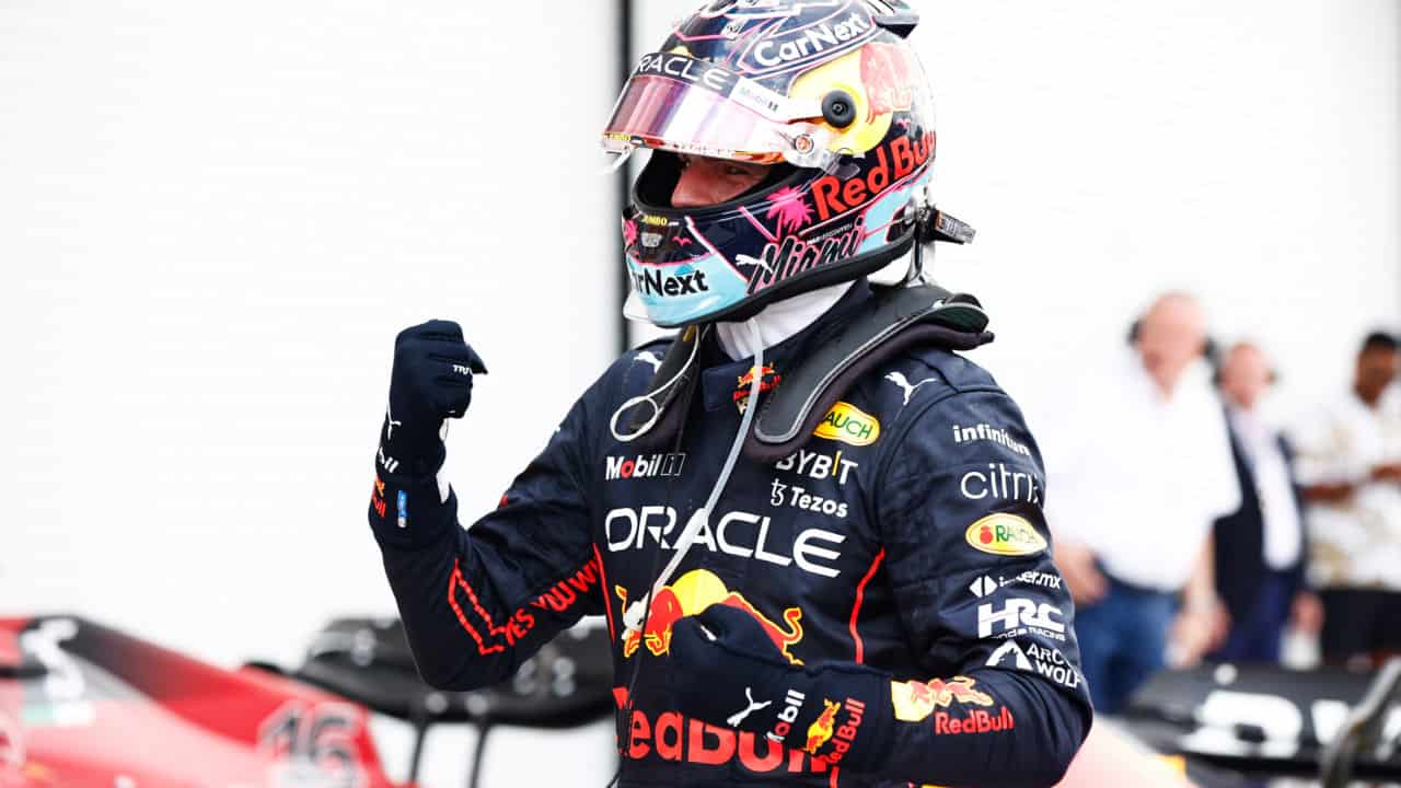 MIAMI, FLORIDA - MAY 08: Race winner Max Verstappen of the Netherlands and Oracle Red Bull Racing celebrates in parc ferme during the F1 Grand Prix of Miami at the Miami International Autodrome on May 08, 2022 in Miami, Florida. (Photo by Jared C. Tilton/Getty Images) // Getty Images / Red Bull Content Pool // SI202205090378 // Usage for editorial use only //