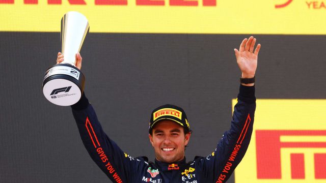 BARCELONA, SPAIN - MAY 22: Second placed Sergio Perez of Mexico and Oracle Red Bull Racing celebrates on the podium during the F1 Grand Prix of Spain at Circuit de Barcelona-Catalunya on May 22, 2022 in Barcelona, Spain. (Photo by Mark Thompson/Getty Images) // Getty Images / Red Bull Content Pool // SI202205220559 // Usage for editorial use only //