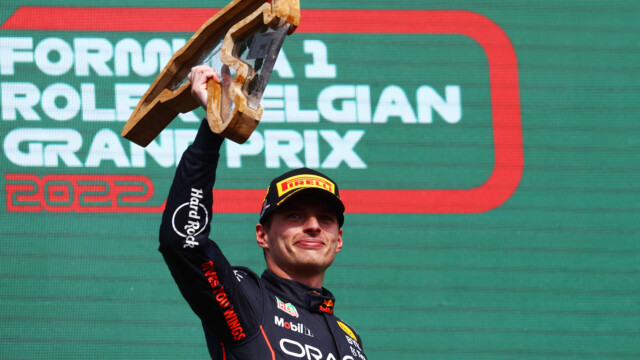 SPA, BELGIUM - AUGUST 28: Race winner Max Verstappen of the Netherlands and Oracle Red Bull Racing celebrates on the podium during the F1 Grand Prix of Belgium at Circuit de Spa-Francorchamps on August 28, 2022 in Spa, Belgium. (Photo by Mark Thompson/Getty Images) // Getty Images / Red Bull Content Pool // SI202208280675 // Usage for editorial use only //