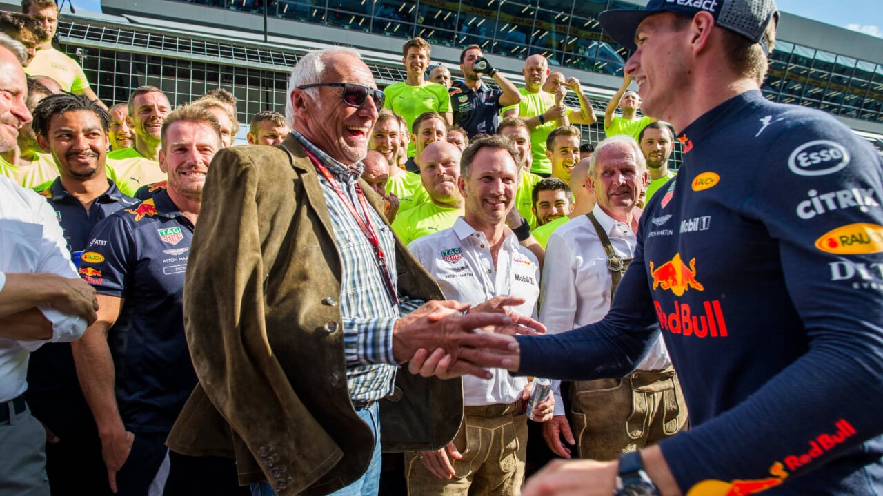 SPIELBERG, AUSTRIA - JULY 01: Max Verstappen of Red Bull Racing and The Netherlands with Dietrich Mateschitz of Red Bull Racing and Austria during the Formula One Grand Prix of Austria at Red Bull Ring on July 1, 2018 in Spielberg, Austria. (Photo by Peter Fox/Getty Images) // Getty Images / Red Bull Content Pool // SI201807011320 // Usage for editorial use only //