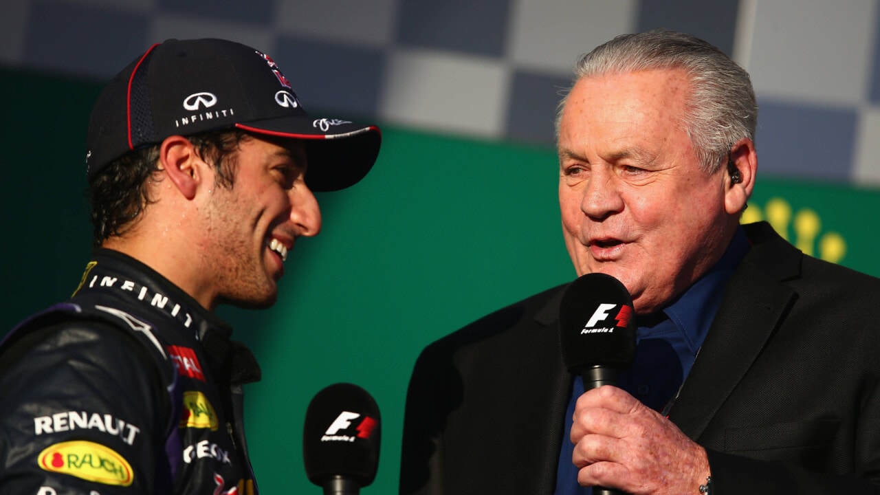 MELBOURNE, AUSTRALIA - MARCH 16: Daniel Ricciardo of Australia and Infiniti Red Bull Racing is interviewed on the podium by Alan Jones after finishing second during the Australian Formula One Grand Prix at Albert Park on March 16, 2014 in Melbourne, Australia. (Photo by Clive Mason/Getty Images) *** Local Caption *** Daniel Ricciardo; Alan Jones // Getty Images / Red Bull Content Pool // SI2014121810280 // Usage for editorial use only //