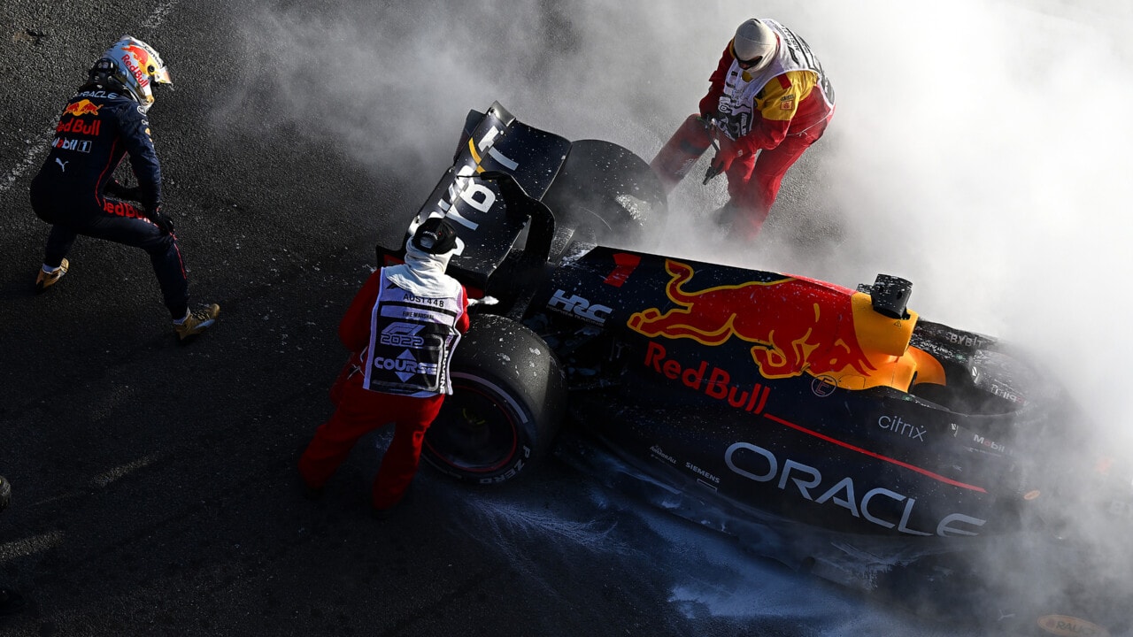 MELBOURNE, AUSTRALIA - APRIL 10: Max Verstappen of the Netherlands and Oracle Red Bull Racing walks from his car after retiring from the race during the F1 Grand Prix of Australia at Melbourne Grand Prix Circuit on April 10, 2022 in Melbourne, Australia. (Photo by Clive Mason/Getty Images) // Getty Images / Red Bull Content Pool // SI202204130059 // Usage for editorial use only //