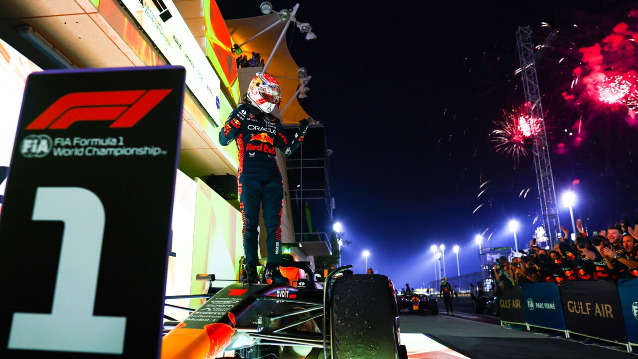 BAHRAIN, BAHRAIN - MARCH 05: Race winner Max Verstappen of the Netherlands and Oracle Red Bull Racing celebrates in parc ferme during the F1 Grand Prix of Bahrain at Bahrain International Circuit on March 05, 2023 in Bahrain, Bahrain. (Photo by Mark Thompson/Getty Images) // Getty Images / Red Bull Content Pool // SI202303050346 // Usage for editorial use only //