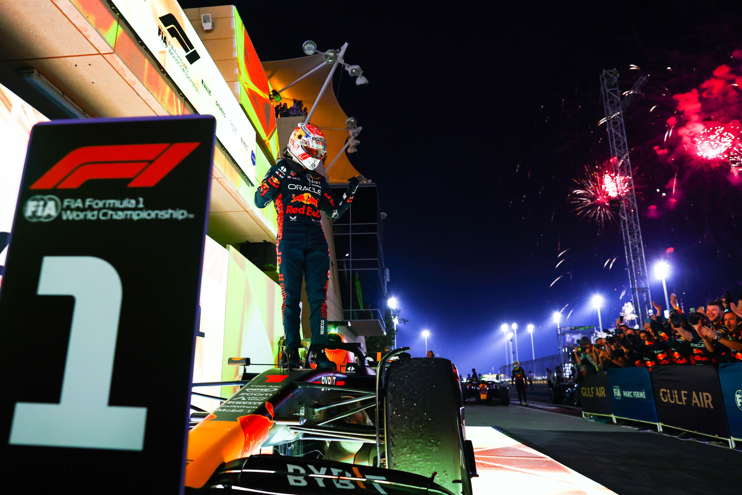 BAHRAIN, BAHRAIN - MARCH 05: Race winner Max Verstappen of the Netherlands and Oracle Red Bull Racing celebrates in parc ferme during the F1 Grand Prix of Bahrain at Bahrain International Circuit on March 05, 2023 in Bahrain, Bahrain. (Photo by Mark Thompson/Getty Images) // Getty Images / Red Bull Content Pool // SI202303050346 // Usage for editorial use only //