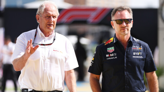JEDDAH, SAUDI ARABIA - MARCH 18: Red Bull Racing Team Consultant Dr Helmut Marko and Red Bull Racing Team Principal Christian Horner walk in the Paddock prior to final practice ahead of the F1 Grand Prix of Saudi Arabia at Jeddah Corniche Circuit on March 18, 2023 in Jeddah, Saudi Arabia. (Photo by Lars Baron/Getty Images) // Getty Images / Red Bull Content Pool // SI202303180296 // Usage for editorial use only //