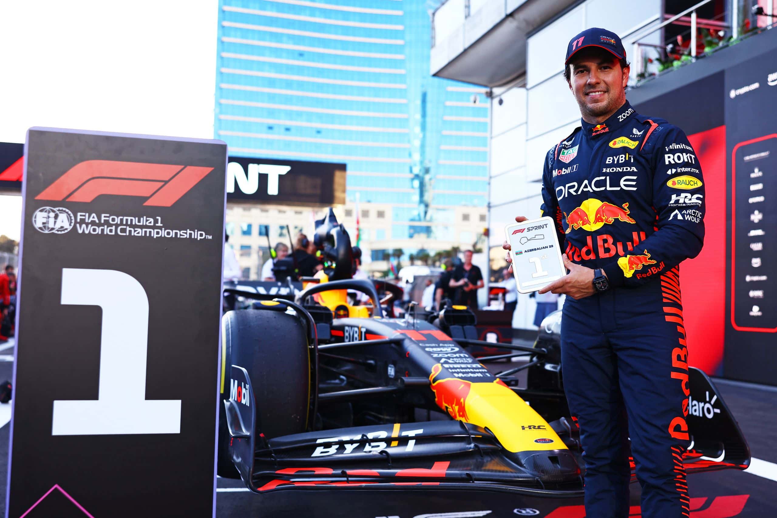 BAKU, AZERBAIJAN - APRIL 29: Sprint winner Sergio Perez of Mexico and Oracle Red Bull Racing celebrates in parc ferme during the Sprint ahead of the F1 Grand Prix of Azerbaijan at Baku City Circuit on April 29, 2023 in Baku, Azerbaijan. (Photo by Mark Thompson/Getty Images) // Getty Images / Red Bull Content Pool // SI202304291075 // Usage for editorial use only //