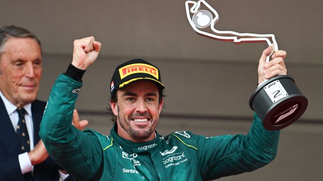 Fernando Alonso, Aston Martin F1 Team, 2nd Position, Celebrates With His Trophy