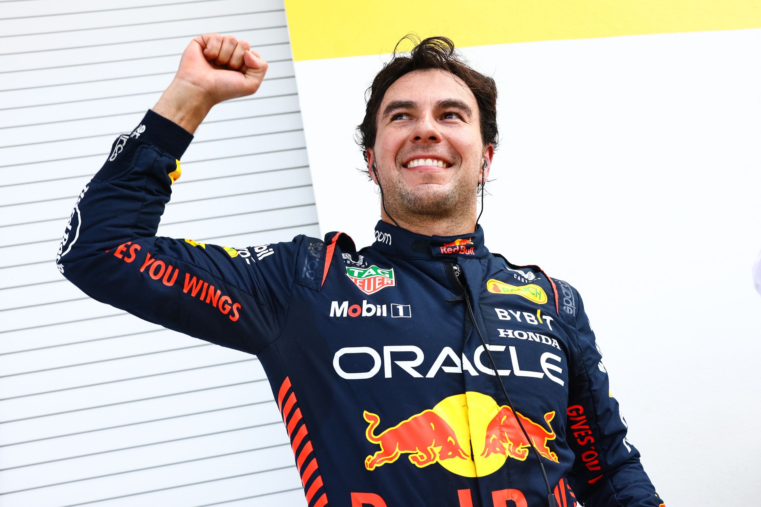 MIAMI, FLORIDA - MAY 06: Pole position qualifier Sergio Perez of Mexico and Oracle Red Bull Racing celebrates in parc ferme during qualifying ahead of the F1 Grand Prix of Miami at Miami International Autodrome on May 06, 2023 in Miami, Florida. (Photo by Mark Thompson/Getty Images) // Getty Images / Red Bull Content Pool // SI202305070071 // Usage for editorial use only //