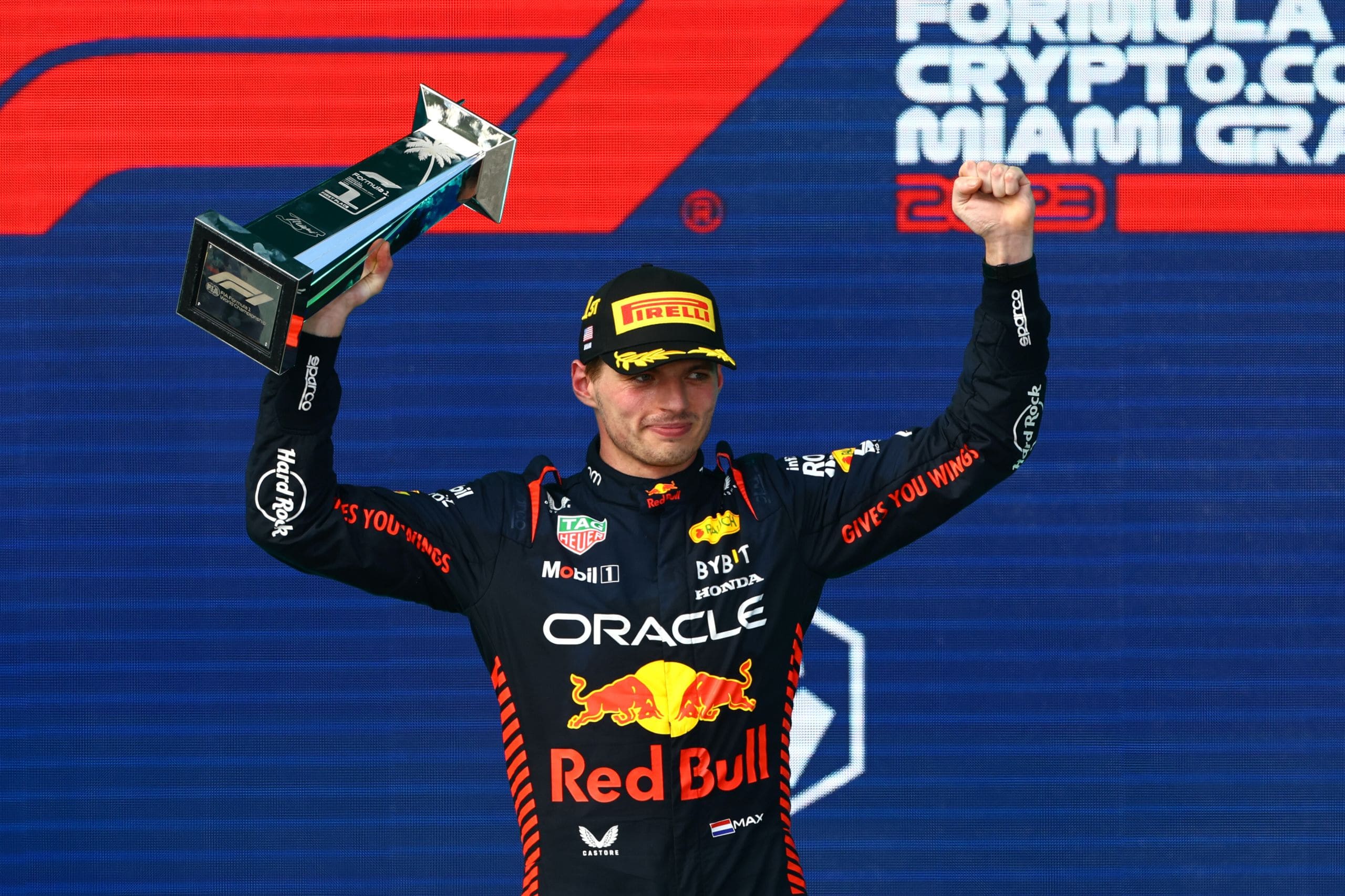 MIAMI, FLORIDA - MAY 07: Race winner Max Verstappen of the Netherlands and Oracle Red Bull Racing celebrates on the podium during the F1 Grand Prix of Miami at Miami International Autodrome on May 07, 2023 in Miami, Florida. (Photo by Mark Thompson/Getty Images) // Getty Images / Red Bull Content Pool // SI202305080063 // Usage for editorial use only //