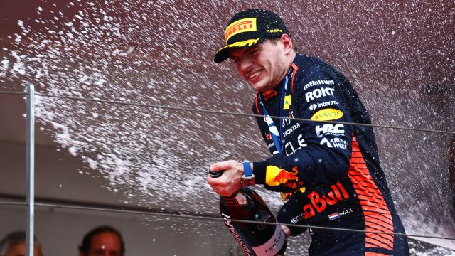 MONTE-CARLO, MONACO - MAY 28: Race winner Max Verstappen of the Netherlands and Oracle Red Bull Racing celebrates on the podium during the F1 Grand Prix of Monaco at Circuit de Monaco on May 28, 2023 in Monte-Carlo, Monaco. (Photo by Mark Thompson/Getty Images) // Getty Images / Red Bull Content Pool // SI202305280390 // Usage for editorial use only //
