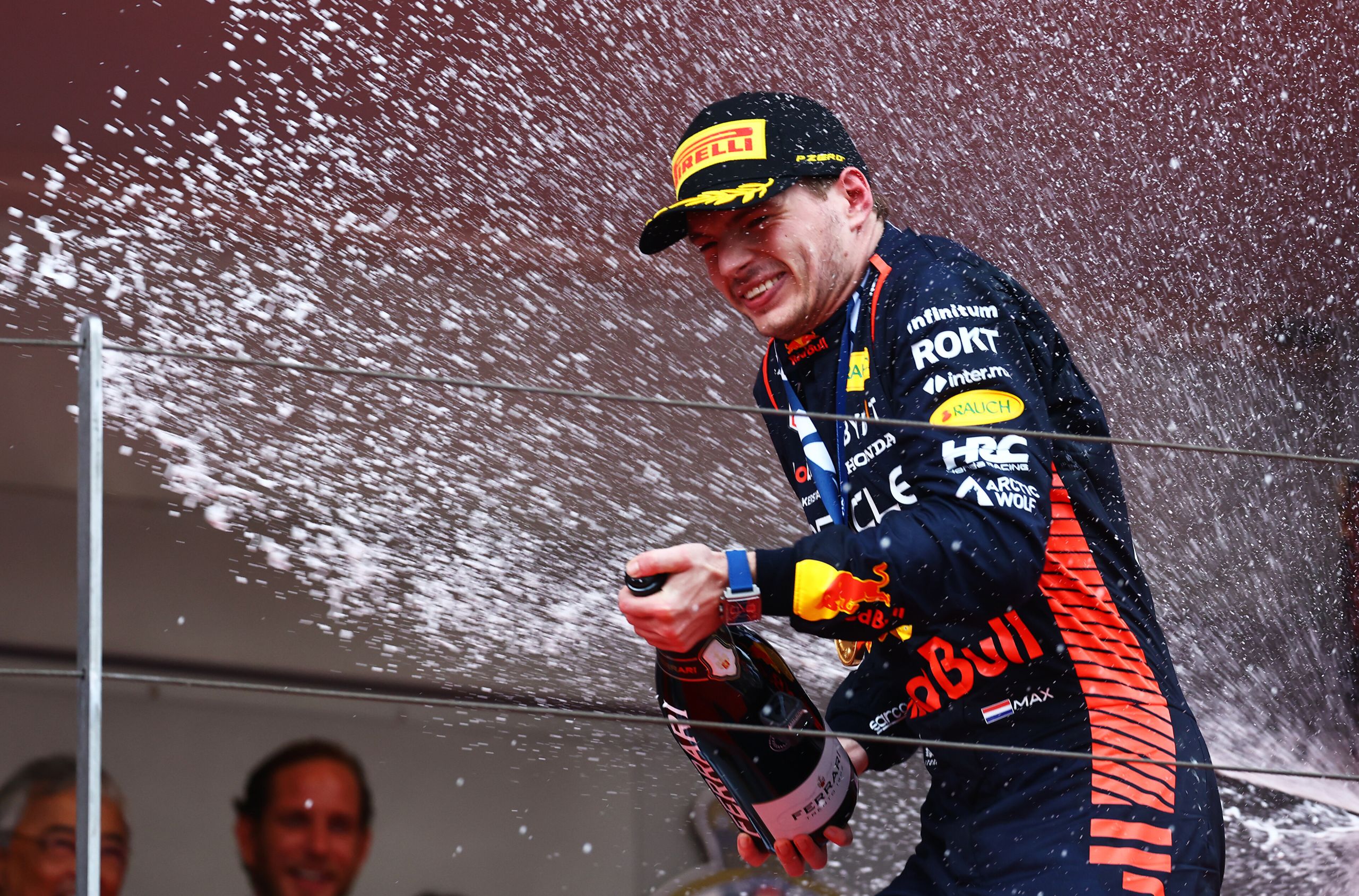 MONTE-CARLO, MONACO - MAY 28: Race winner Max Verstappen of the Netherlands and Oracle Red Bull Racing celebrates on the podium during the F1 Grand Prix of Monaco at Circuit de Monaco on May 28, 2023 in Monte-Carlo, Monaco. (Photo by Mark Thompson/Getty Images) // Getty Images / Red Bull Content Pool // SI202305280390 // Usage for editorial use only //