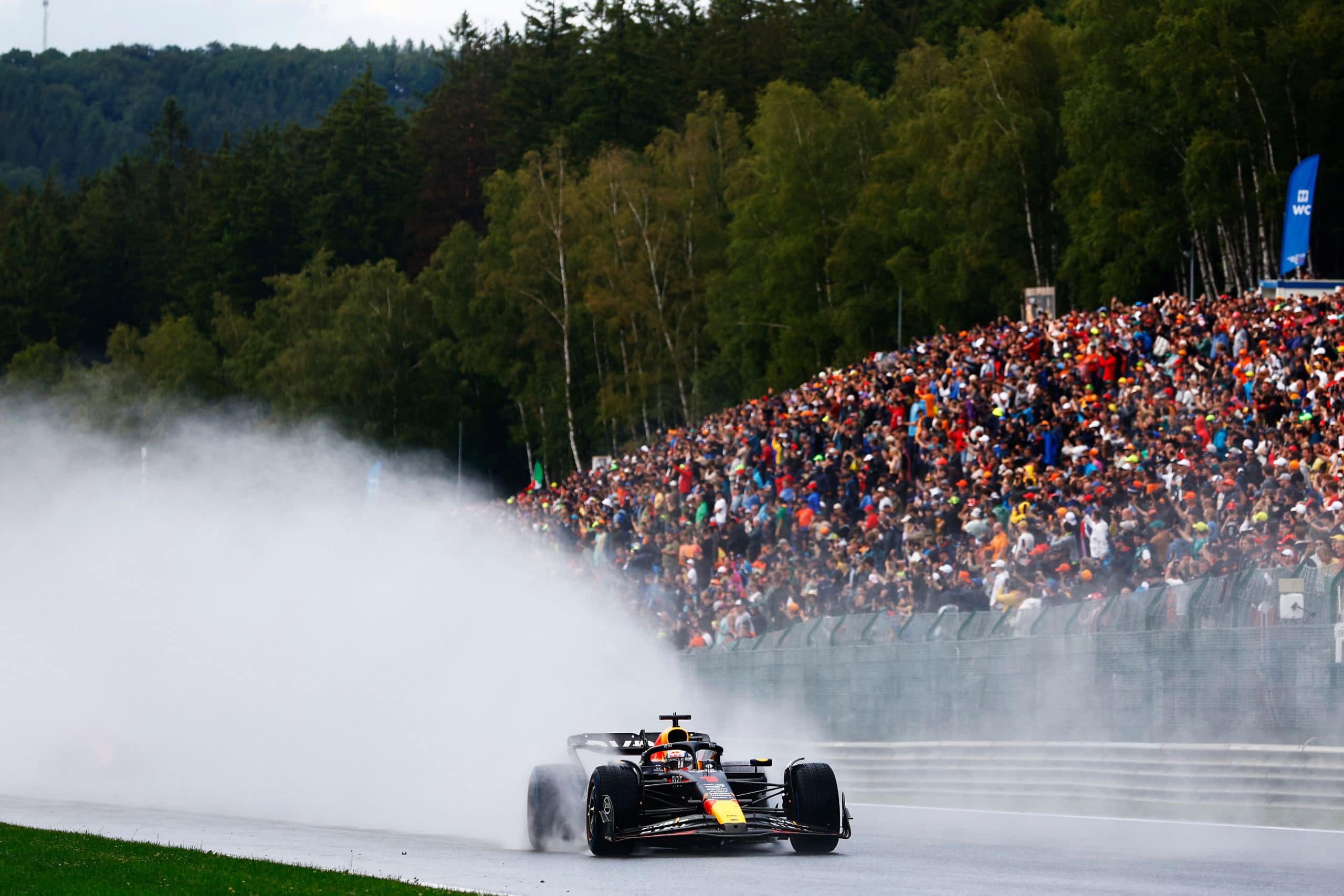SPA, BELGIUM - JULY 29: Max Verstappen of the Netherlands driving the (1) Oracle Red Bull Racing RB19 on track during the Sprint ahead of the F1 Grand Prix of Belgium at Circuit de Spa-Francorchamps on July 29, 2023 in Spa, Belgium. (Photo by Francois Nel/Getty Images)