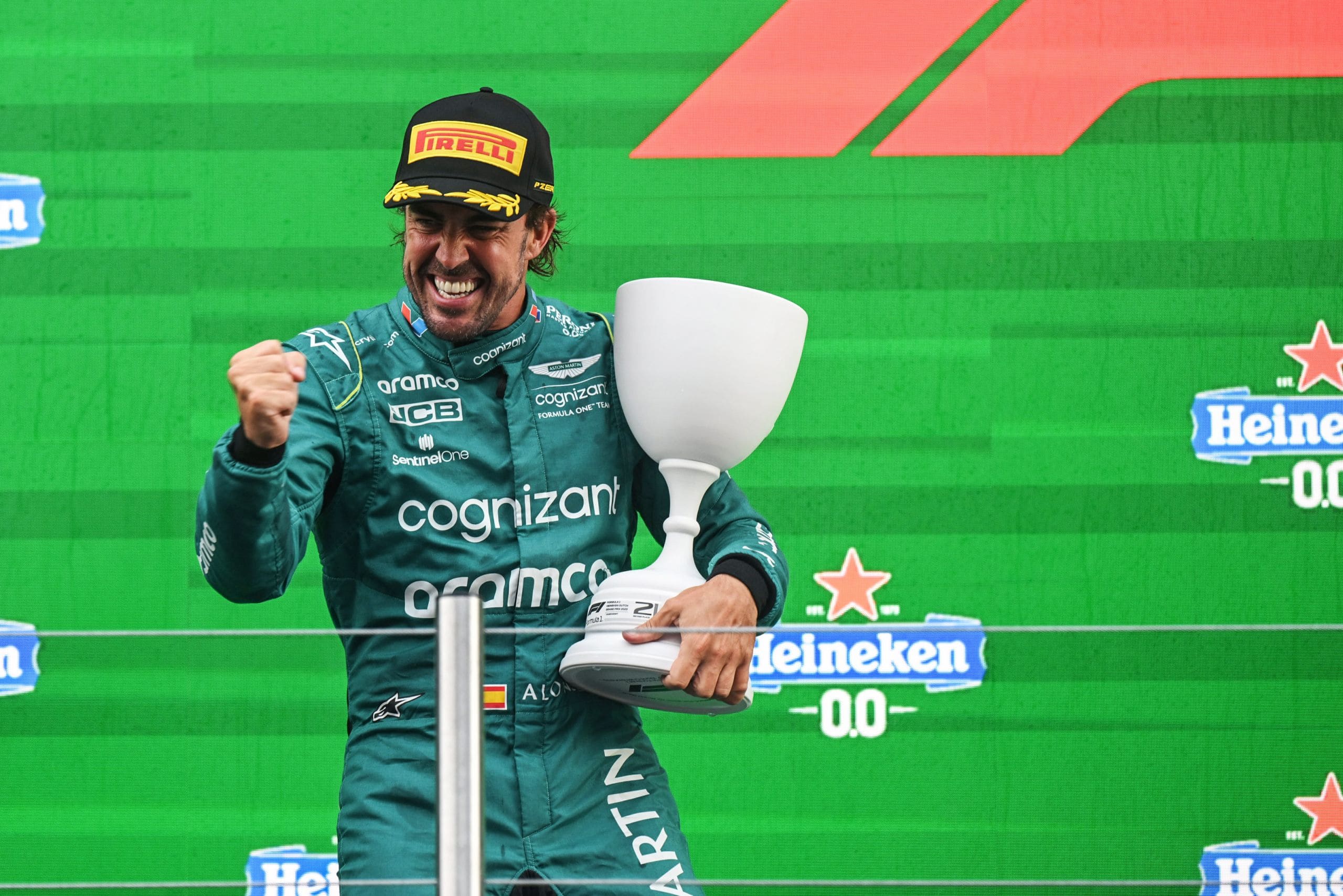 Fernando Alonso, Aston Martin F1 Team, 2nd Position, With His Trophy
