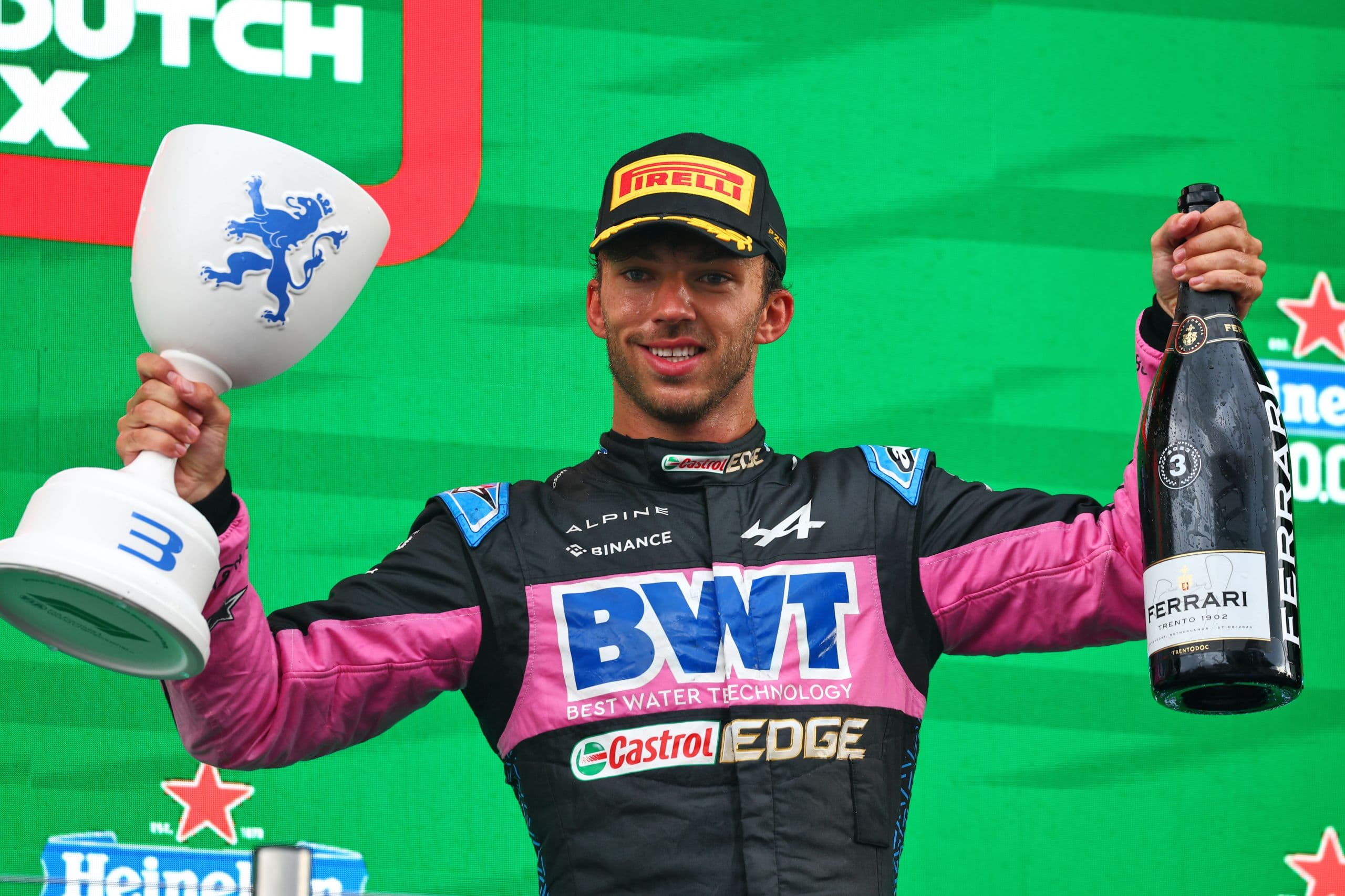 Pierre Gasly (FRA) Alpine F1 Team celebrates his third position on the podium.  Formula 1 World Championship, Rd 14, Dutch Grand Prix, Sunday 27th August 2023. Zandvoort, Netherlands.