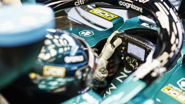 The Steering Wheel In The Car Of Lance Stroll, Aston Martin Amr23