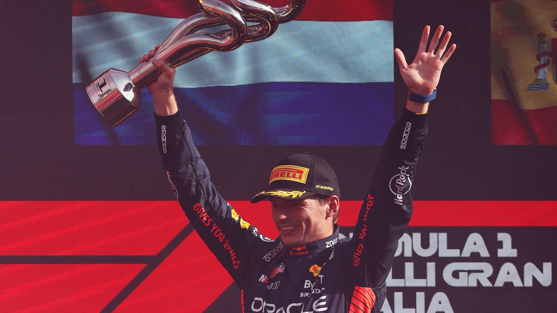 MONZA, ITALY - SEPTEMBER 03: Race winner Max Verstappen of the Netherlands and Oracle Red Bull Racing celebrates on the podium during the F1 Grand Prix of Italy at Autodromo Nazionale Monza on September 03, 2023 in Monza, Italy. (Photo by Ryan Pierse/Getty Images) // Getty Images / Red Bull Content Pool // SI202309030408 // Usage for editorial use only //