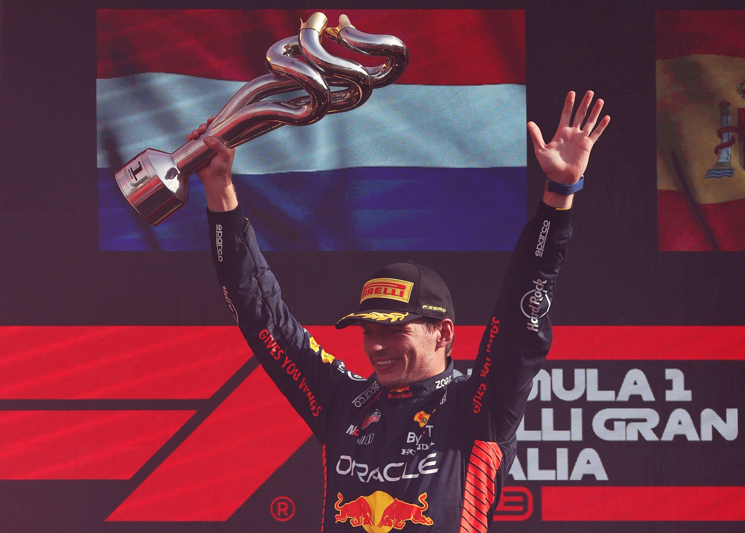 MONZA, ITALY - SEPTEMBER 03: Race winner Max Verstappen of the Netherlands and Oracle Red Bull Racing celebrates on the podium during the F1 Grand Prix of Italy at Autodromo Nazionale Monza on September 03, 2023 in Monza, Italy. (Photo by Ryan Pierse/Getty Images) // Getty Images / Red Bull Content Pool // SI202309030408 // Usage for editorial use only //