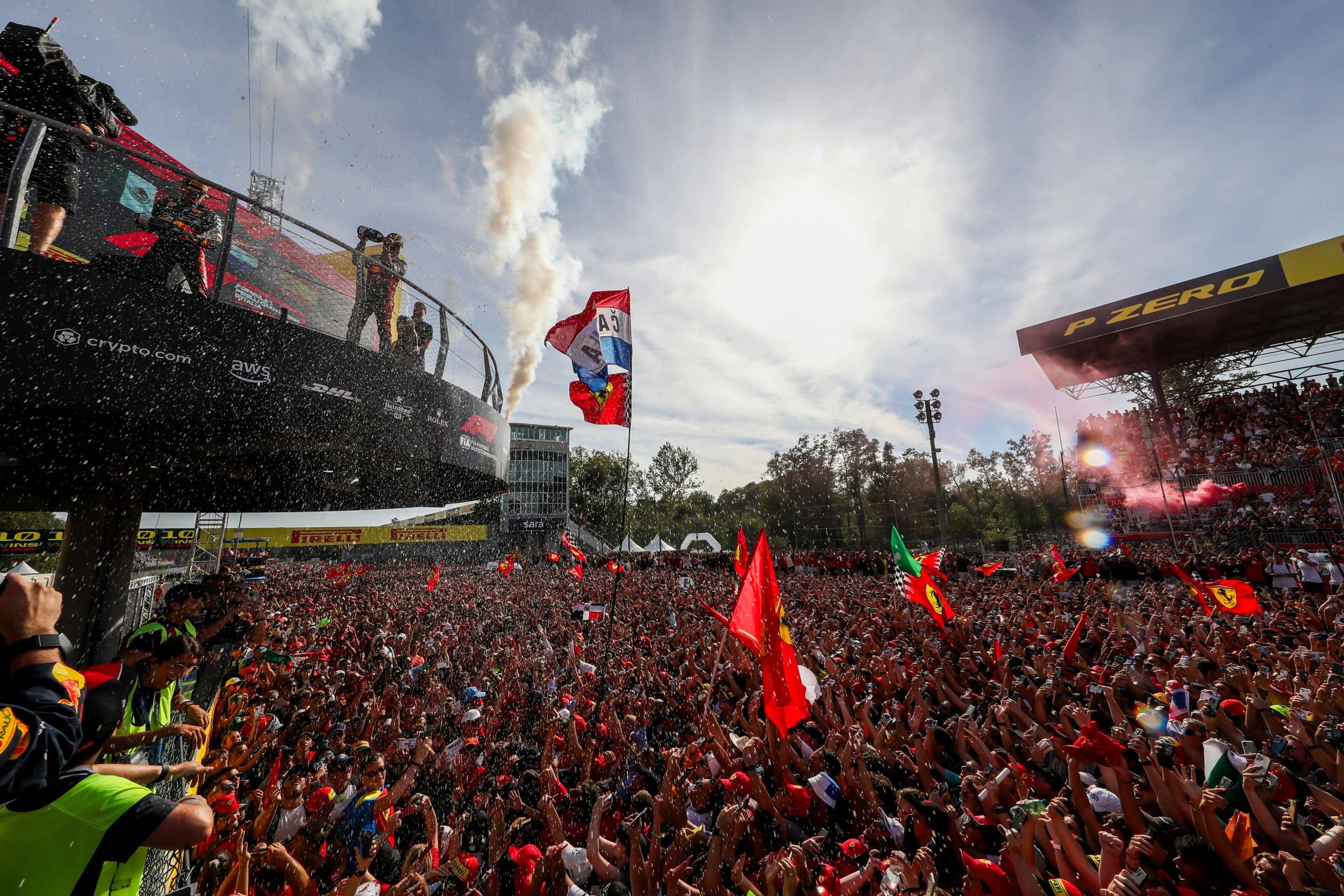 MONZA, ITALY - SEPTEMBER 03: The tifosi celebrate with Max Verstappen of Red Bull Racing and The Netherlands, Sergio Perez of Mexico and Red Bull Racing and Carlos Sainz of Ferrari and Spain during the F1 Grand Prix of Italy at Autodromo Nazionale Monza on September 03, 2023 in Monza, Italy. (Photo by Peter Fox/Getty Images) // Getty Images / Red Bull Content Pool // SI202309030441 // Usage for editorial use only //