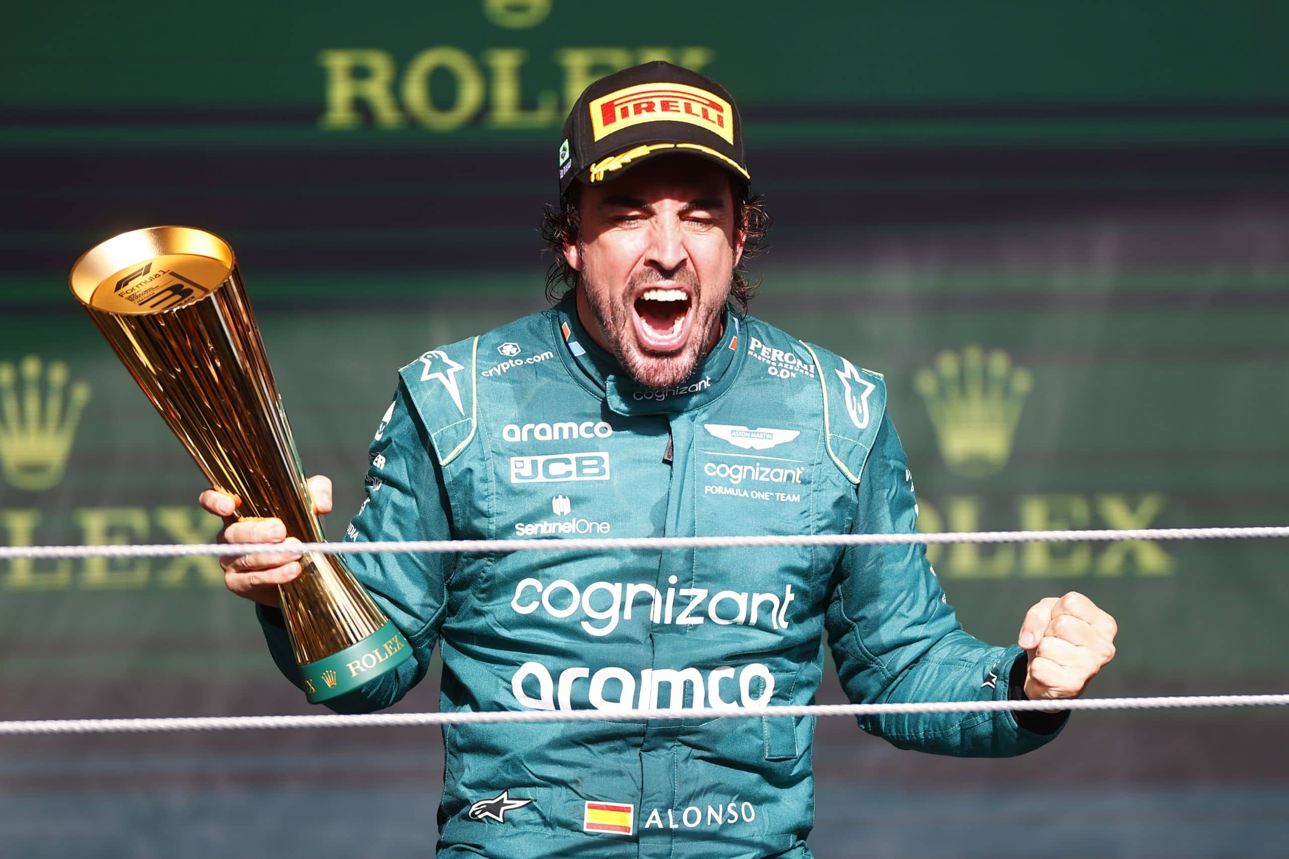 Fernando Alonso, Aston Martin F1 Team, 3rd Position, Celebrates On The Podium