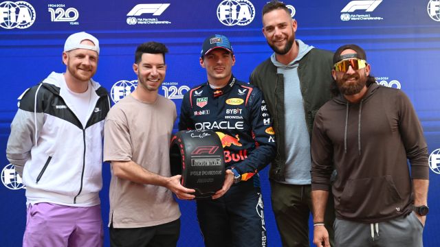 Dude Perfect present Max Verstappen, Red Bull Racing, with Pirelli Pole Position Award