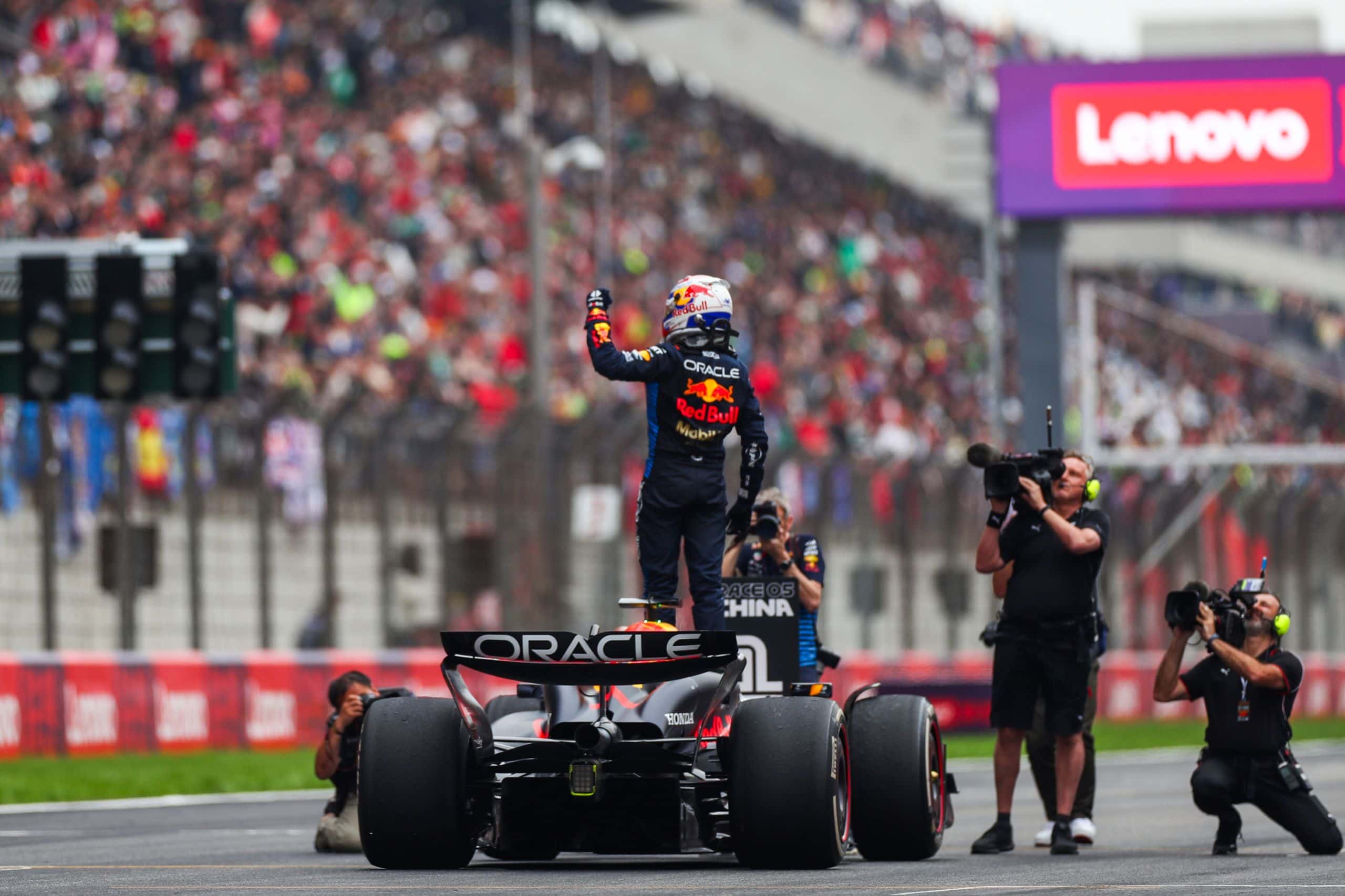 SHANGHAI, CHINA - APRIL 21: Max Verstappen of Oracle Red Bull Racing and The Netherlands celebrates finishing in first position in parc ferme during the F1 Grand Prix of China at Shanghai International Circuit on April 21, 2024 in Shanghai, China. (Photo by Peter Fox/Getty Images) // Getty Images / Red Bull Content Pool // SI202404210315 // Usage for editorial use only //